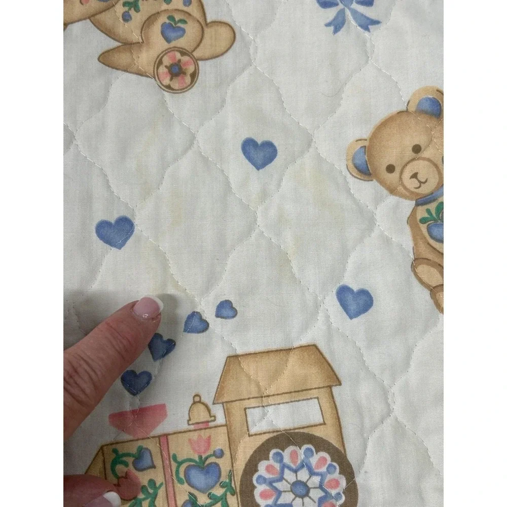 Vintage Baby Blanket 1980's Rocking Horses Trains Bears Jack-in-Box Toys